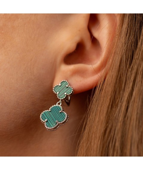Silver earrings "Clover" (synthetic malachite) 123378 Onyx
