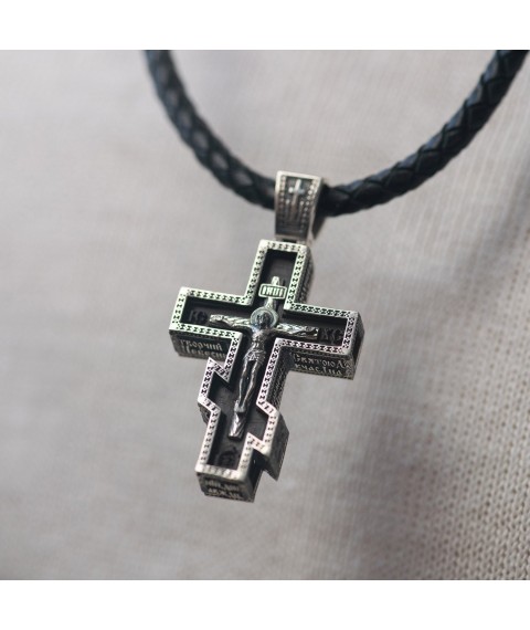 Men's Orthodox cross "Rozp'yattya. Save and Preserve" (in Ukrainian) made of ebony and silver 1329 Onyx