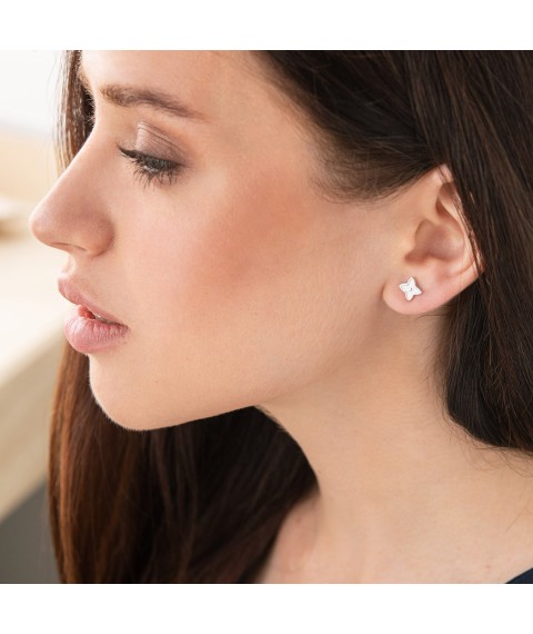 Silver earrings - studs "Clover" (white enamel) 123050 Onyx