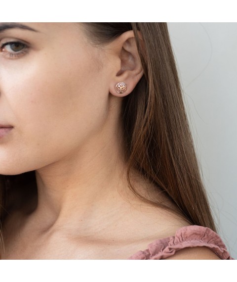 Earrings - studs "Tree of Life" in red gold s06964 Onyx