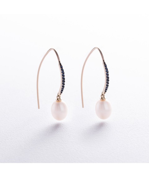 Gold earrings - loops "Olivia" with pearls and cubic zirconia s08518 Onyx