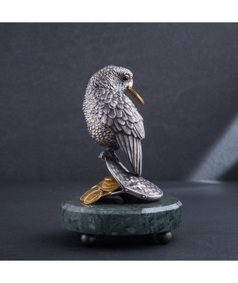 Срібна фігура ручної роботи "Папуга на гаманці з монетами" сер00019 Онікс