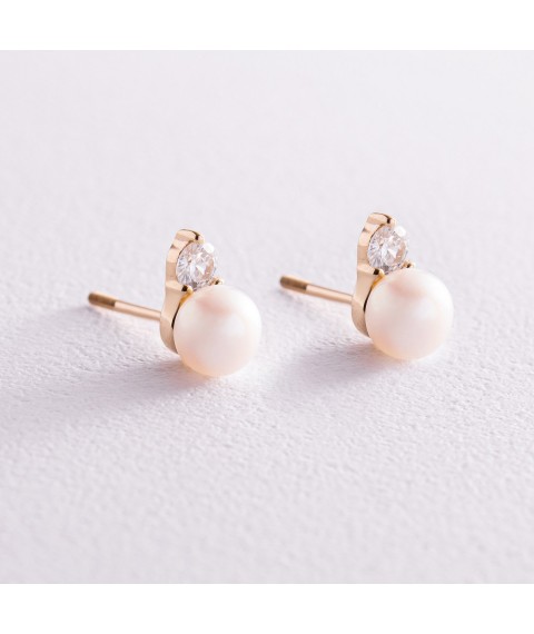 Earrings - studs with pearls and cubic zirconia (yellow gold) s08033 Onyx