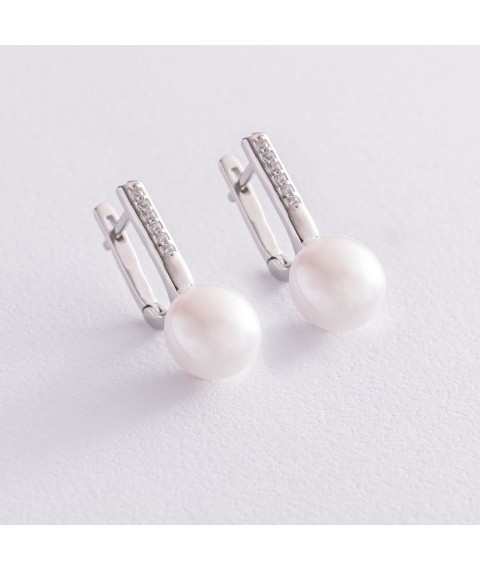Silver earrings with pearls and cubic zirconia 2453/1р-PWT Onix