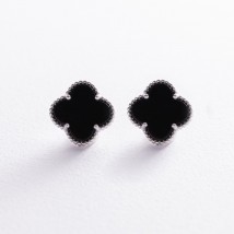Silver earrings - studs "Clover" (synthetic onyx) OR128220 Onyx
