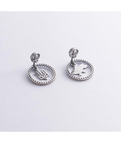 Silver earrings - studs "Map of Ukraine. Coat of Arms of Ukraine - Trident" with cubic zirconia 1026 Onix