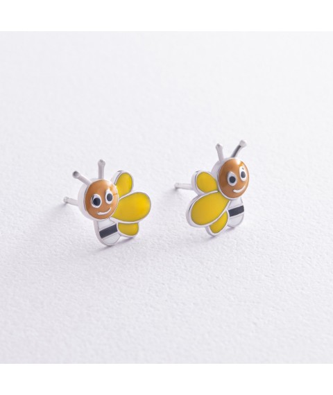 Children's earrings - studs "Bees" in silver (enamel) 449 Onyx