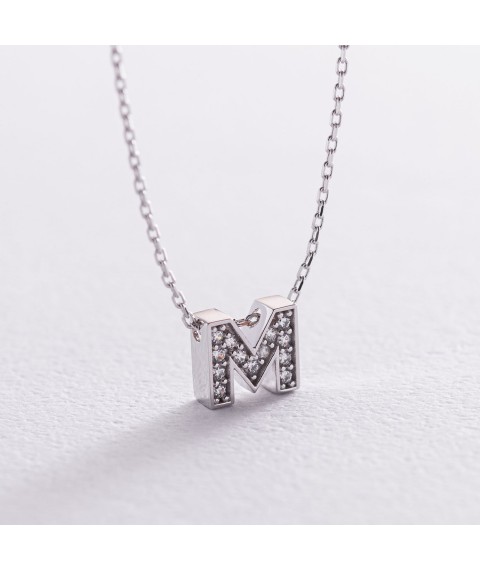 Necklace with the letter "M" in white gold (cubic zirconia) kol01329M Onix 45