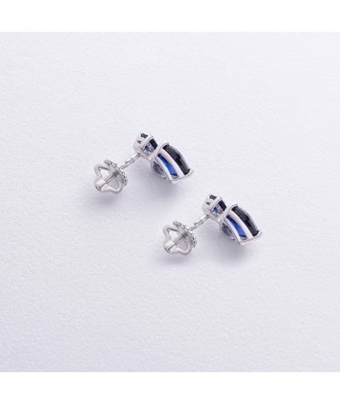 Silver earrings - studs "Hearts" with hydrotherm. sapphires 2512/1р-HSPH Onyx
