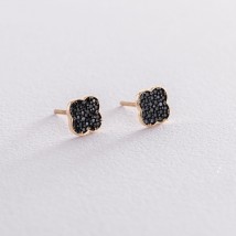 Gold stud earrings "Clover" with black cubic zirconia s05620 Onyx