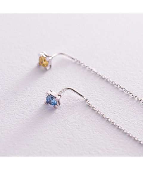 Earrings - broaches in white gold (blue and yellow cubic zirconia) s08122 Onyx