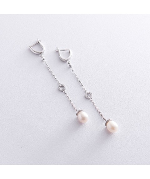 Earrings in white gold (pearls, cubic zirconia) s06885 Onyx