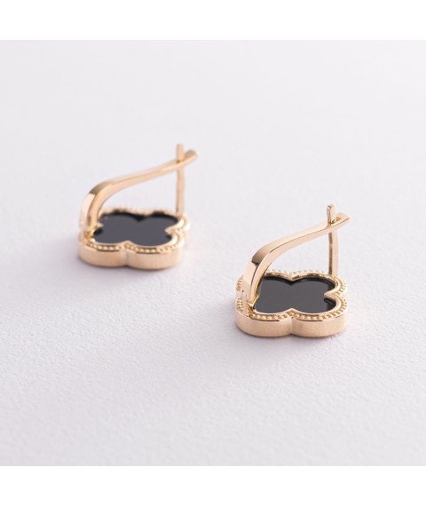 Gold earrings "Clover" with onyx s07367 Onyx