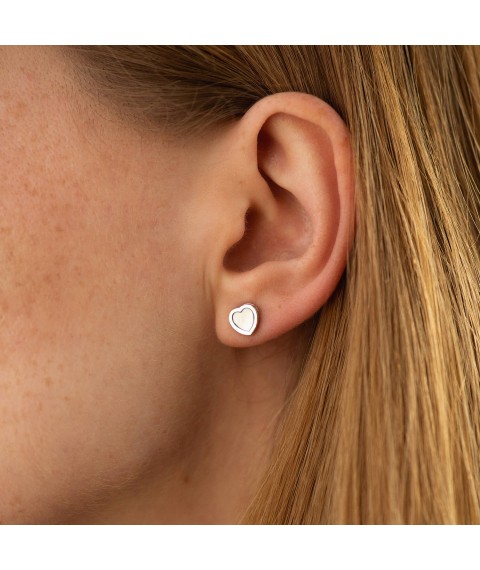 Gold earrings - studs "Hearts" with mother-of-pearl s08536 Onyx