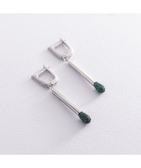 Silver earrings "Matches" (green cubic zirconia) 122930 Onyx