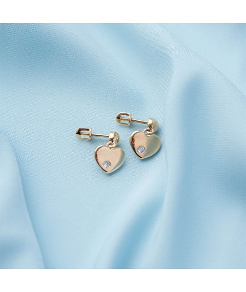 Gold earrings - studs "Hearts" with cubic zirconia s07011 Onyx