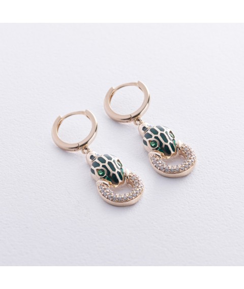 Gold earrings "Snakes" (enamel, cubic zirconia) s07017 Onyx