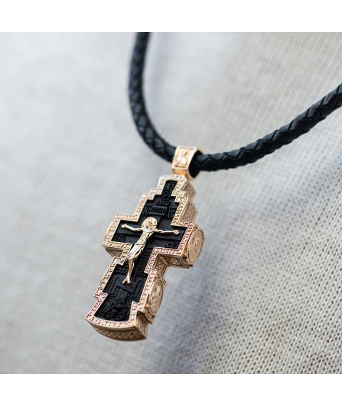 Мужской православный золотой крест из эбенового дерева на шнурке п0366 Онікс
