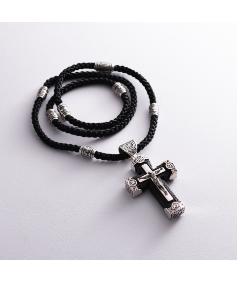 Men's Orthodox cross on a cord made of ebony and silver 181183 Onyx 65
