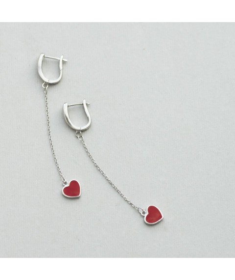 Silver earrings "Hearts" on a chain (enamel) 122304 Onyx