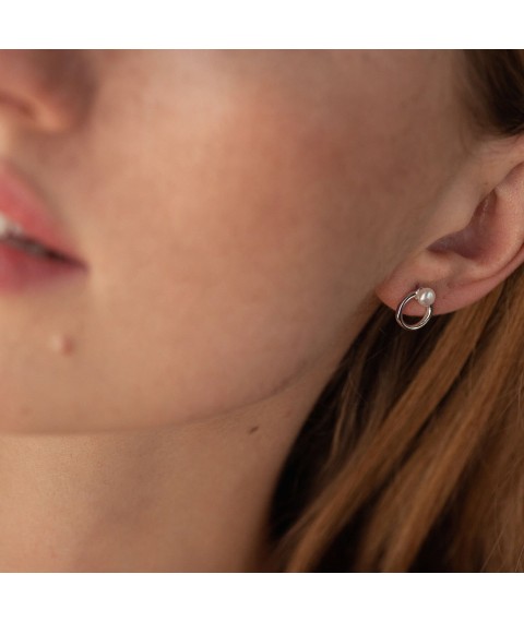 Earrings - studs "Cycle" with pearls (white gold) s08502 Onyx