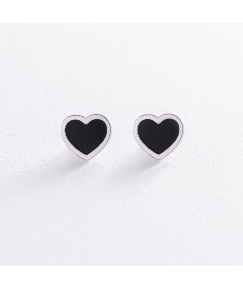 Silver earrings - studs "Hearts" (enamel) OR131110 Onyx