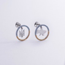 Silver earrings - studs "Map of Ukraine. Coat of Arms of Ukraine - Trident" with cubic zirconia 1026 Onix