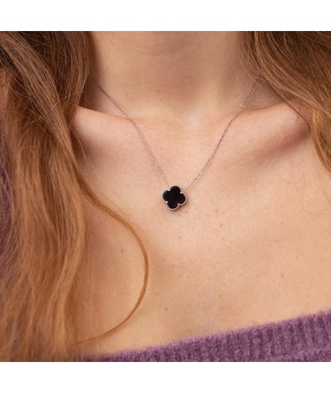 Silver necklace "Clover" with onyx 18341 Onyx