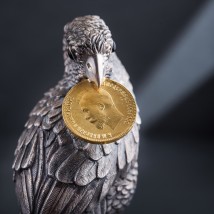 Серебряная фигура ручной работы "Попугай на кошельке с монетами" сер00019 Онікс