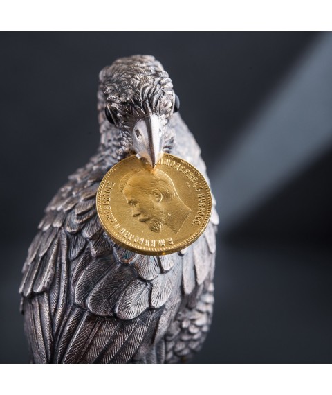 Срібна фігура ручної роботи "Папуга на гаманці з монетами" сер00019 Онікс