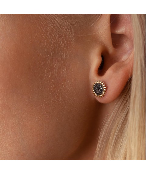 Gold earrings - studs "Sunflowers" with black diamonds 326173122 Onyx