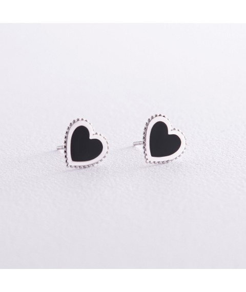 Earrings - studs "Hearts" in white gold (enamel) s08062 Onyx