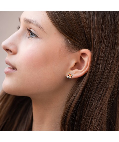 Children's earrings - studs "Fox" in silver (enamel) 1066 Onyx