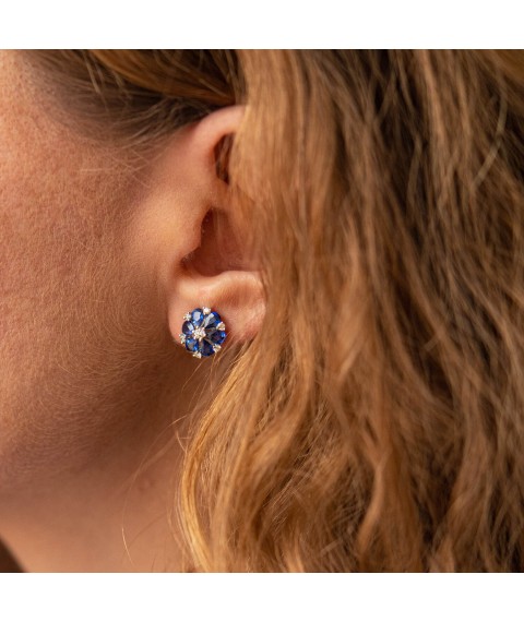 Gold earrings - studs "Flowers" with diamonds and sapphires sb0473gm Onyx