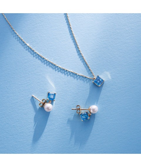 Золоті сережки - пусети "Альма" (блакитні фіаніти, перли) с08253 Онікс