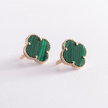Gold earrings "Clover" with malachite s07532 Onyx