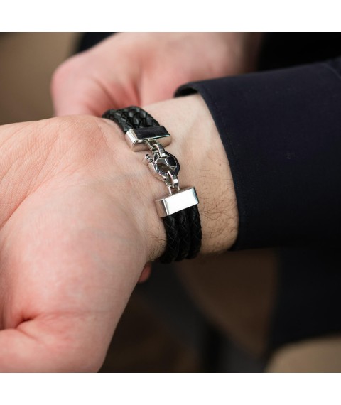 Men's silver bracelet with cubic zirconia (leather) 368 Onyx