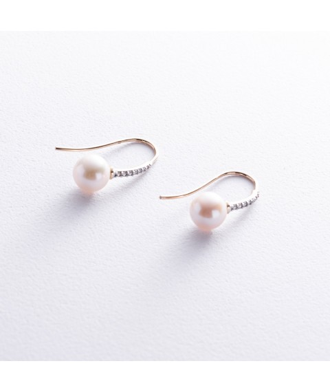 Gold earrings - loops "Olivia" with pearls and cubic zirconia s08516 Onyx