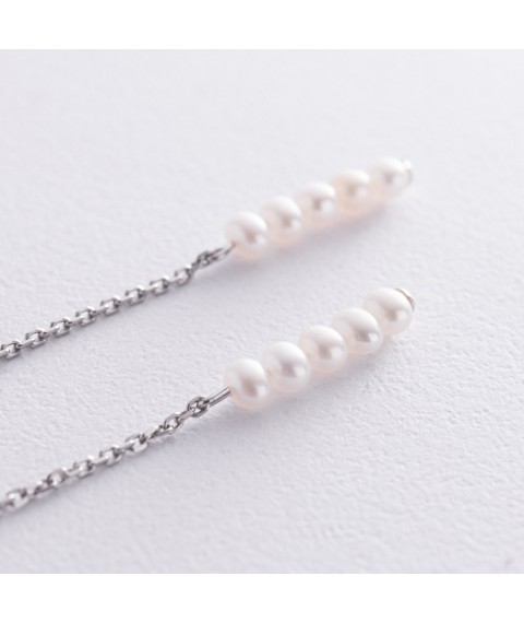 Срібні сережки - пусети з перлами на ланцюжку 2339/1р-PWT Онікс