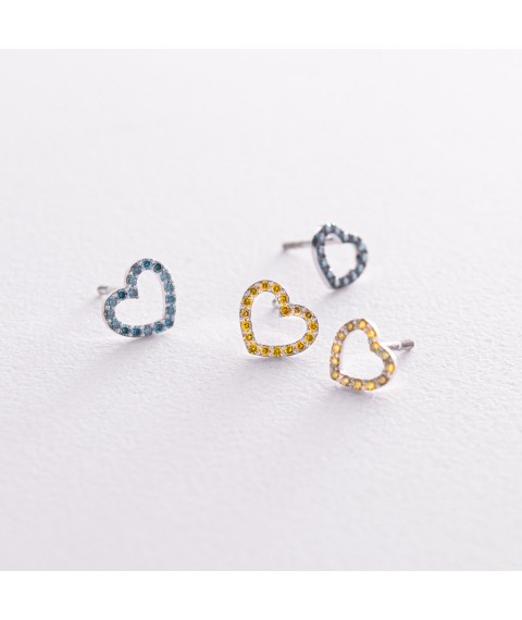 Золоті сережки - пусети "Сердечки" з блакитними та жовтими діамантами 327471121 Онікс