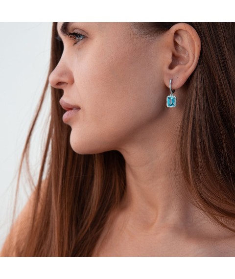 Gold earrings with blue topaz and cubic zirconia s04172 Onyx
