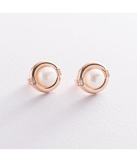 Gold earrings (pearls, cubic zirconia) s06848 Onyx