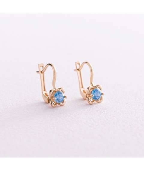 Children's gold earrings "Flowers" (blue cubic zirconia) s08064 Onyx