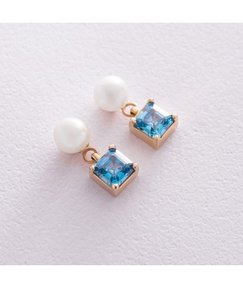 Золоті сережки - пусети "Альма" (блакитні фіаніти, перли) с08253 Онікс
