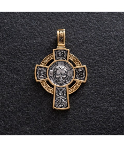 Silver cross "Savior Not Made by Hands. Prayer May God Rise" with gold plated 132990 Onyx