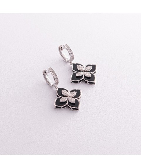 Silver earrings "Clover" (cubic zirconia, polymer) 123250 Onyx