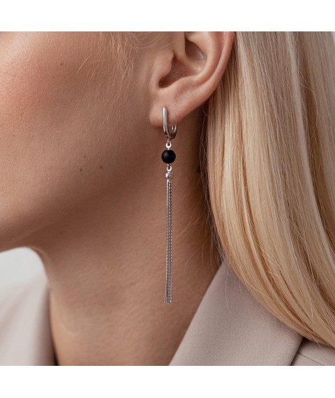 Silver dangling earrings with black stones 123154 Onyx