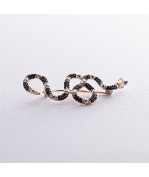 Gold brooch "Snake" with black and white cubic zirconia zak00339 Onyx