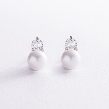 Сережки - пусети з перлами і фіанітами (біле золото) с07999 Онікс