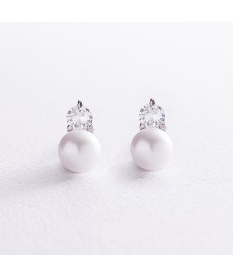 Earrings - studs with pearls and cubic zirconia (white gold) s07999 Onyx